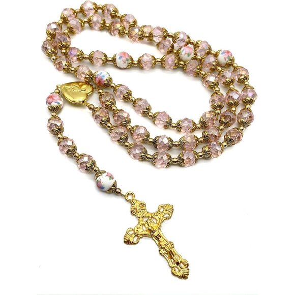 Catholic Pink Crystal Beads Gold Rosary Necklace with Heart Locket & Cross - Picture 7 of 7